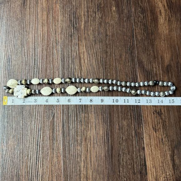 Vintage 1960's Grey Silk Beaded Magnesite Cross Necklace + 43” Long Faux Pearls - Picture 12 of 16